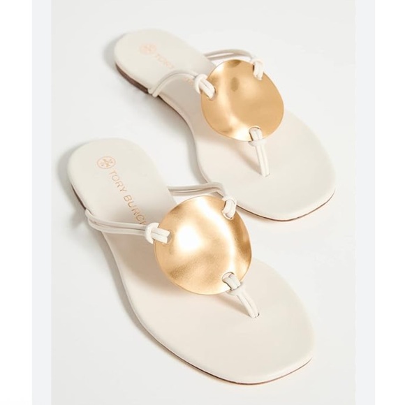 Tory Burch Patos Ivory Off White Gold Disk Flip Flop Flat Sandals size US 8 - Picture 1 of 12